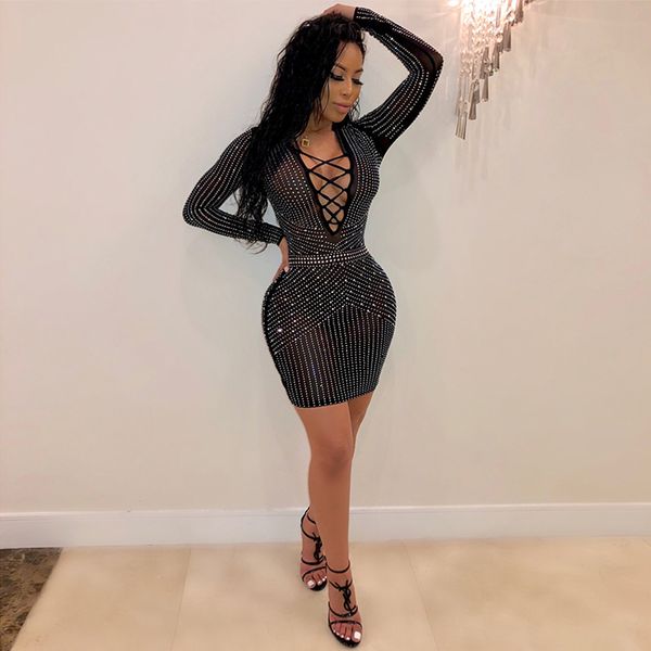 women sheer mesh diamond bandage dress v neck long sleeve pullover middle waist perspective night club mini dress, Gray
women sheer mesh diamond bandage dress v neck long sleeve pullover middle waist perspective night club mini dress, Gray