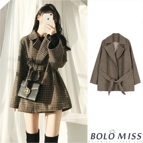 women's wool & blends plaid woolen coat female spring and autumn korean style small houndstooth lapel casual suit mid-length, Black
women's wool & blends plaid woolen coat female spring and autumn korean style small houndstooth lapel casual suit mid-length, Black