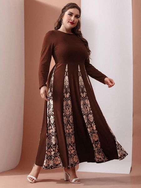 plus scroll print a-line dress u6pq#, Black