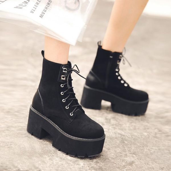 boots large women's korean punk thick bottomed muffin short lace up suede slope heel, Black
boots large women's korean punk thick bottomed muffin short lace up suede slope heel, Black