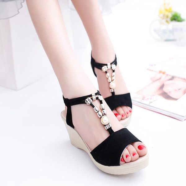 sandals summer women wedge beads peep toe high heels platform women's shoes narrow band solid modern 2021 size 35-41, Black 
sandals summer women wedge beads peep toe high heels platform women's shoes narrow band solid modern 2021 size 35-41, Black