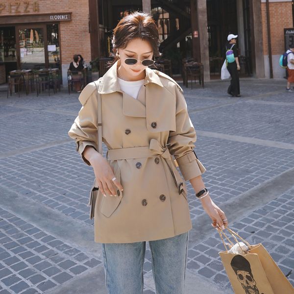 elegant female fashion coat short double-breasted flap lady's belt from khaki jacket spring fall 0lkq, Tan;black
elegant female fashion coat short double-breasted flap lady's belt from khaki jacket spring fall 0lkq, Tan;black