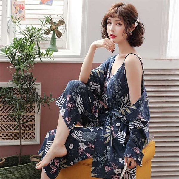 july's song 3 piece spring floral printed pajamas set summer viscose sleepwear women long pants night suit 211106, Black;red
july's song 3 piece spring floral printed pajamas set summer viscose sleepwear women long pants night suit 211106, Black;red