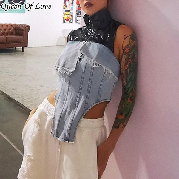 women's jackets fashion zipper turtleneck denim irregular patchwork leather sleeveless asymmetric for women, Black;brown
women's jackets fashion zipper turtleneck denim irregular patchwork leather sleeveless asymmetric for women, Black;brown