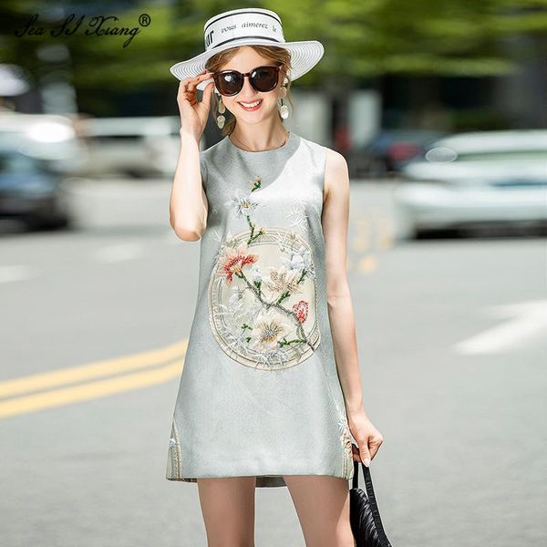 seasixiang fashion designer summer women tank dress vintage jacquard beaded flower print mini dresses, Black;gray
seasixiang fashion designer summer women tank dress vintage jacquard beaded flower print mini dresses, Black;gray