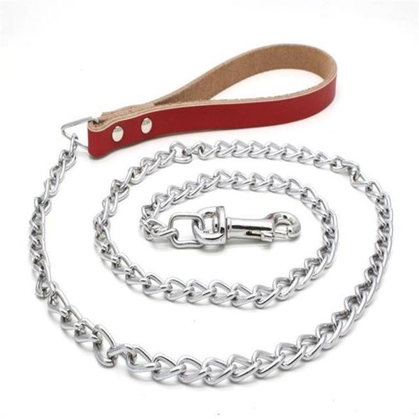 dog collars & leashes pure leather handle chrome-plated iron chain