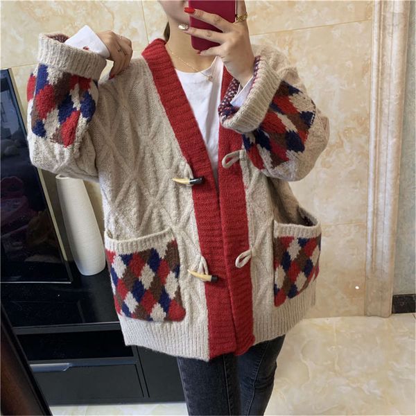 medium 2020 new loose spring and autumn v-neck length sweater jacket with twist ox horn button knitted cardigan for women luxury, White;black
medium 2020 new loose spring and autumn v-neck length sweater jacket with twist ox horn button knitted cardigan for women luxury, White;black