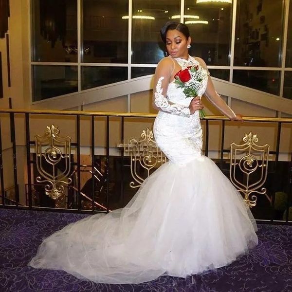 african 2021 new plus size high neck wedding es lace appliques beads sheer long sleeves tulle mermaid bridal gowns vestidos de noiva ztoo, White
african 2021 new plus size high neck wedding es lace appliques beads sheer long sleeves tulle mermaid bridal gowns vestidos de noiva ztoo, White