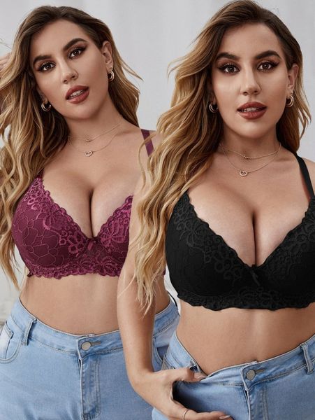 plus floral lace underwire bra x9h9#, Black;white