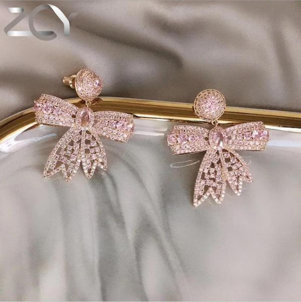 dangle & chandelier micro inlaid pink zircon three-dimensional bow earrings female atmosphere dinner retro, Silver