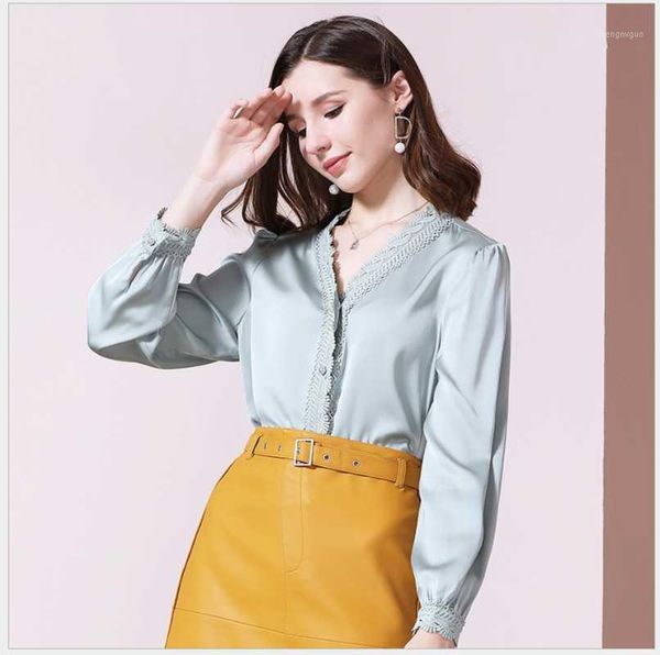 

female v-neck white green color lace shirt women's 2021 spring summer niche design shirts coat lady clothes blouses &