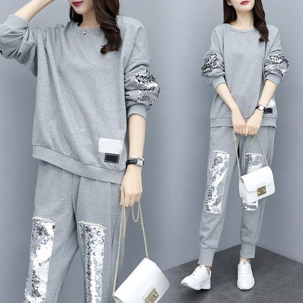 two piece dress casual autumn winter women loose sports suit plus size round neck sequin beading sweatshirt and pant gray 2 sets, White
two piece dress casual autumn winter women loose sports suit plus size round neck sequin beading sweatshirt and pant gray 2 sets, White