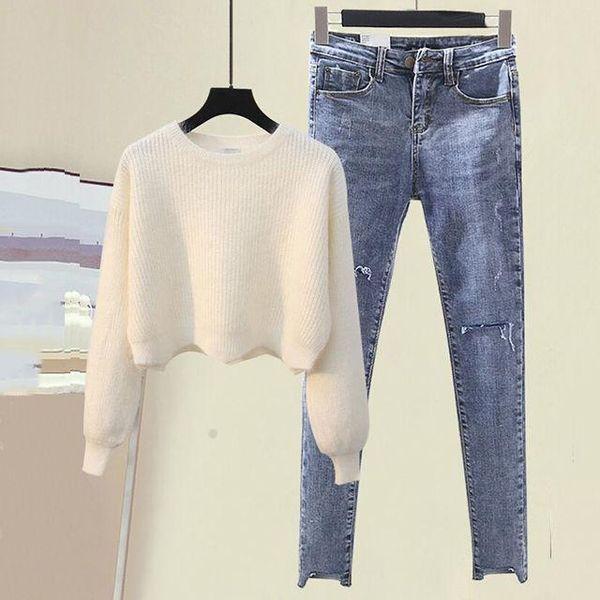 women's two piece pants 2021 autumn women solid o-neck knitted sweater and jeans set korean denim suit outfit q680, White
women's two piece pants 2021 autumn women solid o-neck knitted sweater and jeans set korean denim suit outfit q680, White