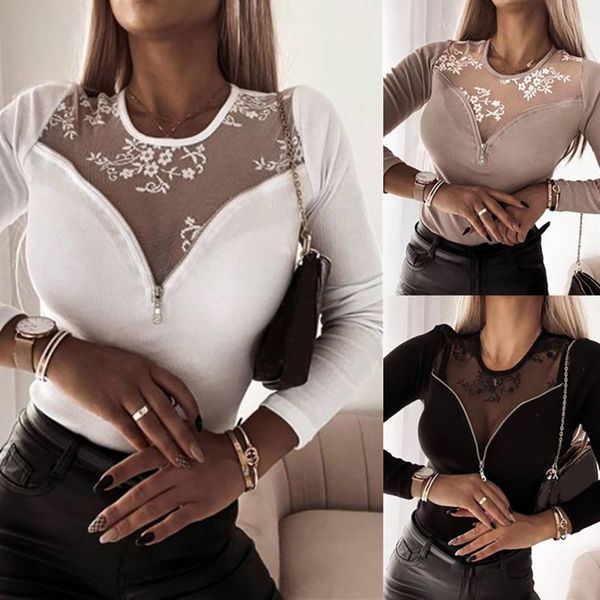 women's t-shirt ladies o-neck embroidered mesh zipper hollow slim-fit lace cut-out solid color coat, White
women's t-shirt ladies o-neck embroidered mesh zipper hollow slim-fit lace cut-out solid color coat, White
