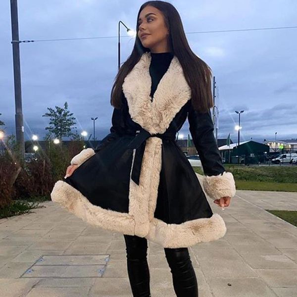 women's leather & faux malina pu jackets women fashion tie belt waist coats elegant side pockets fur long female ladies, Black 
women's leather & faux malina pu jackets women fashion tie belt waist coats elegant side pockets fur long female ladies, Black