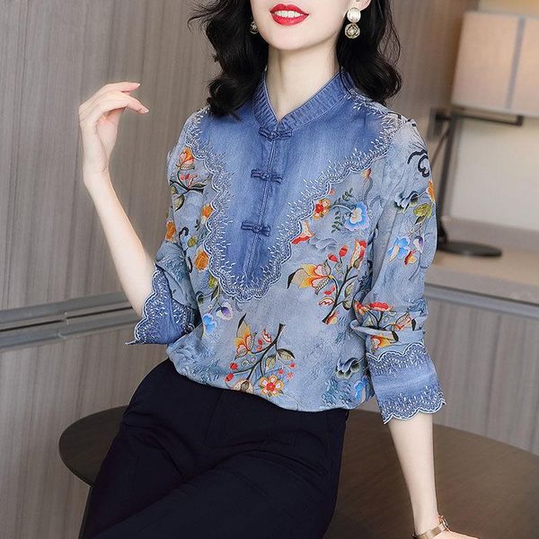 women's blouses & shirts casual shirt 2021 spring and autumn chinese style retro stand-up collar floral denim stitching simulation silk, White
women's blouses & shirts casual shirt 2021 spring and autumn chinese style retro stand-up collar floral denim stitching simulation silk, White