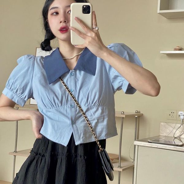 women's blouses & shirts blue short-sleeved shirt girls bubble sleeve top, White