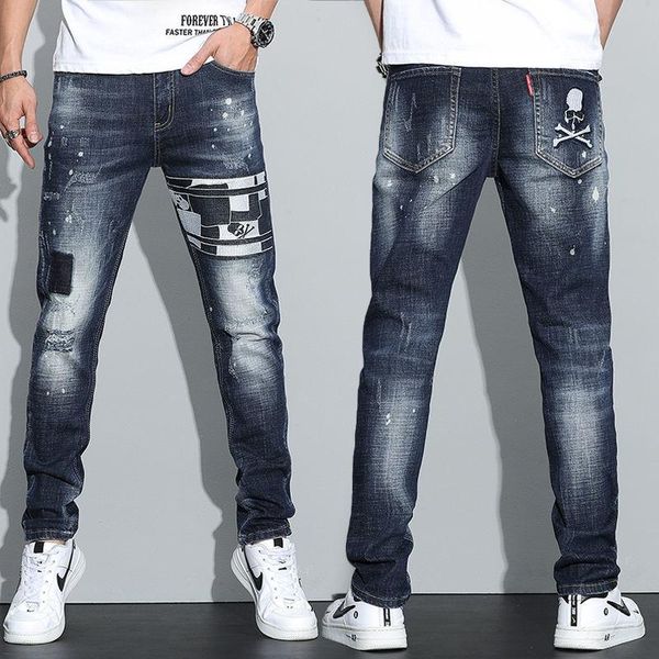men's jeans skull embroidered high-end stretch feet pants handsome fall/winter ripped trend, Blue
men's jeans skull embroidered high-end stretch feet pants handsome fall/winter ripped trend, Blue