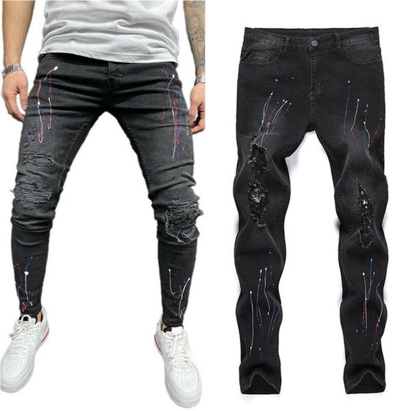 men's jeans moda masculina fino estiramento pintura ponto denim rasgado calcas magras uk, Blue
men's jeans moda masculina fino estiramento pintura ponto denim rasgado calcas magras uk, Blue