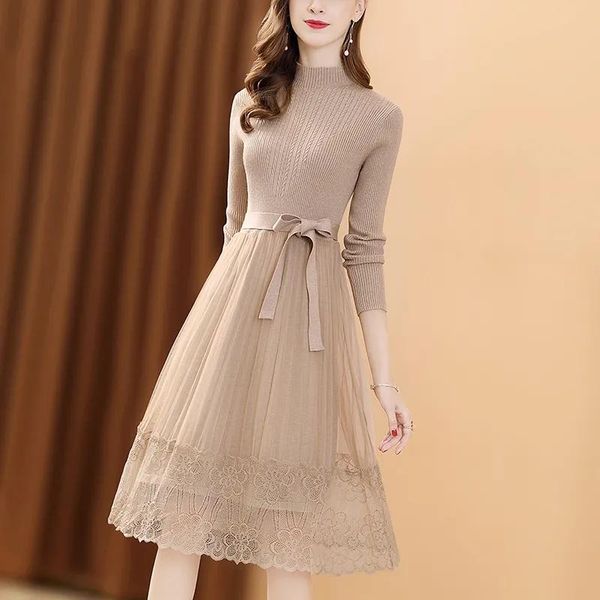 casual dresses elegant lace patchwork slim waist knit dress women winter warm sweater with belt fashion midi a-line base, Black;gray
casual dresses elegant lace patchwork slim waist knit dress women winter warm sweater with belt fashion midi a-line base, Black;gray