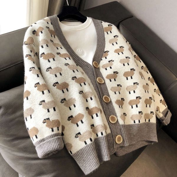 not expensive good 2021 early spring new cartoon v-neck sweater cardigan women's loose thick wool knitted coat, White;black
not expensive good 2021 early spring new cartoon v-neck sweater cardigan women's loose thick wool knitted coat, White;black