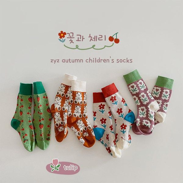 socks 4pairs/lot children autumn and winter tide fan cartoon little bear flowers girls korean version of tube cotton, Pink;yellow
