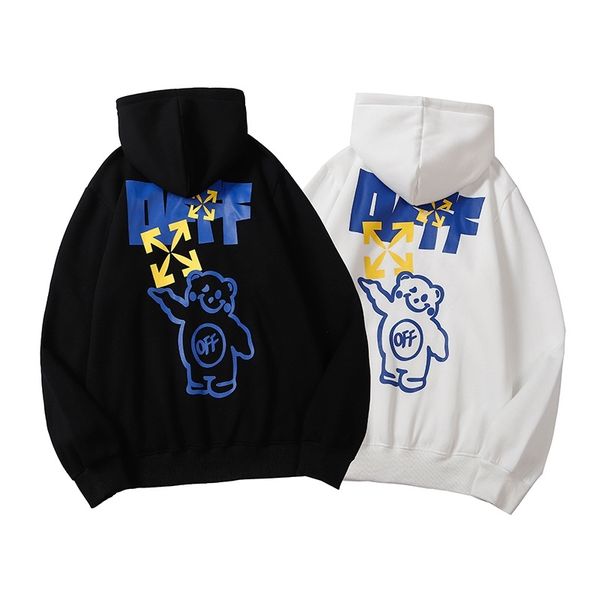off bear print ow arrow and palm hoodie plush sweater high street hoodie coat, Black