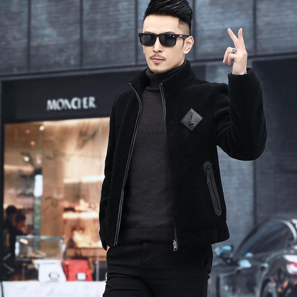 men's leather & faux haining fur short slim 2021 winter cashmere coat integrated jacket collar, Black
men's leather & faux haining fur short slim 2021 winter cashmere coat integrated jacket collar, Black