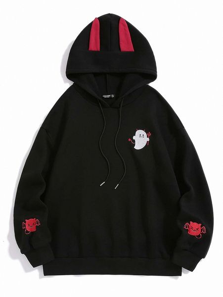 plus halloween embroidery 3d ear design drawstring hoodie y3xh#, Black 
plus halloween embroidery 3d ear design drawstring hoodie y3xh#, Black