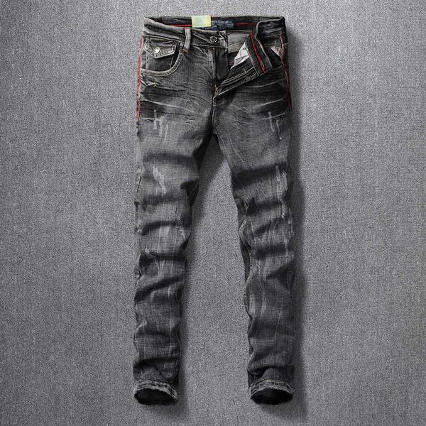 italian style fashion jeans men elastic cotton slim fit ripped retro black gray vintage designer denim pants nr6q, Blue
italian style fashion jeans men elastic cotton slim fit ripped retro black gray vintage designer denim pants nr6q, Blue