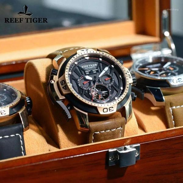 reef tiger/rt mens sport mechanical watches genuine leather strap complicated dial tourbillon automatic wristwatches, Slivery;brown
reef tiger/rt mens sport mechanical watches genuine leather strap complicated dial tourbillon automatic wristwatches, Slivery;brown
