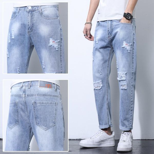 men's jeans 2021 korean style casual denim (ankle-length pants) summer thin trendy light color hole mid-waist, Blue
men's jeans 2021 korean style casual denim (ankle-length pants) summer thin trendy light color hole mid-waist, Blue