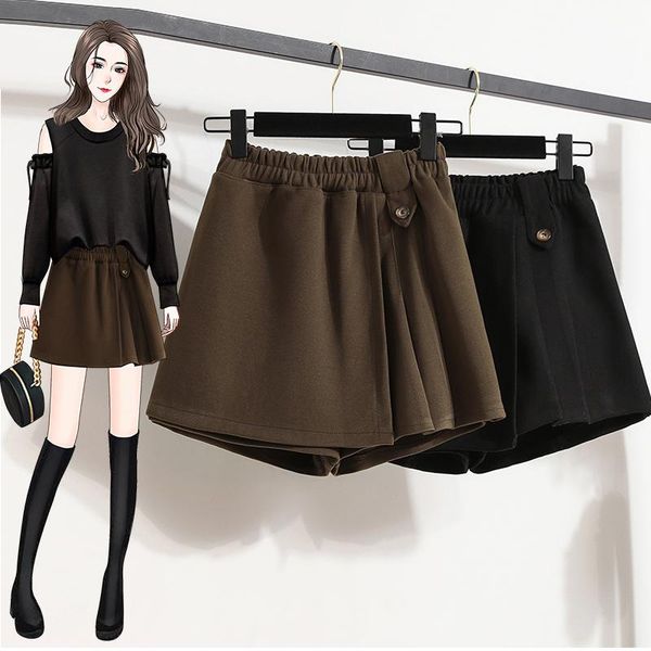 women's shorts fashion korean style autumn winter women woolen blend culottes ladies black coffee elastic waist wide leg short pants, White;black 
women's shorts fashion korean style autumn winter women woolen blend culottes ladies black coffee elastic waist wide leg short pants, White;black