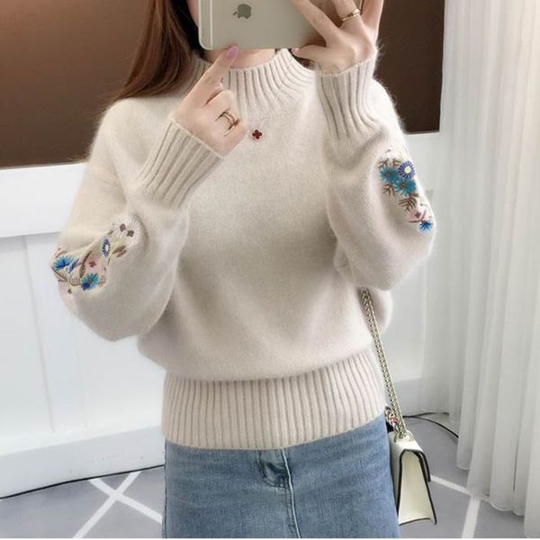 korean style semi-turtleneck sweater thickened womens winter clothes high-grade embroidery floral bottom knit pullovers, White;black
korean style semi-turtleneck sweater thickened womens winter clothes high-grade embroidery floral bottom knit pullovers, White;black