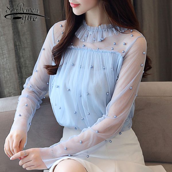 2021 women and blouse lace chiffon women's shirt fashion women female beading long sleeve blusa feminina 0868 40 210225, White 
2021 women and blouse lace chiffon women's shirt fashion women female beading long sleeve blusa feminina 0868 40 210225, White