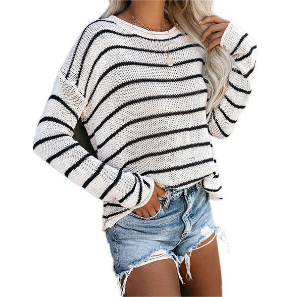 women's sweaters 2021 autumn knitwear sweater round neck striped color matching high street casual en*, White;black
women's sweaters 2021 autumn knitwear sweater round neck striped color matching high street casual en*, White;black