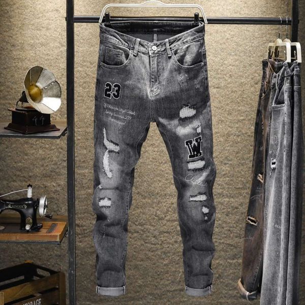spring and autumn grey printed embroidered jeans elastic slim small leg personalized pants badge fashionable young handsome manwinter, Blue
spring and autumn grey printed embroidered jeans elastic slim small leg personalized pants badge fashionable young handsome manwinter, Blue