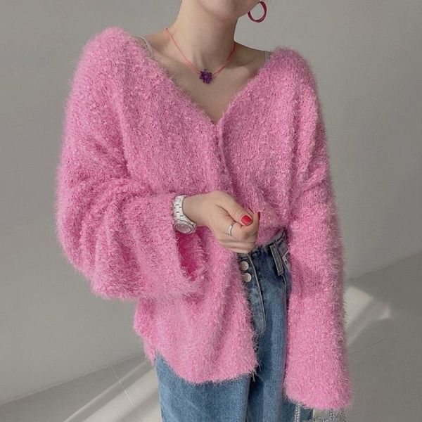 women's knits & tees south korea chic foreign style pink skin v-neck edge design single-breasted loose long-sleeved knit cardigan sweay, White
women's knits & tees south korea chic foreign style pink skin v-neck edge design single-breasted loose long-sleeved knit cardigan sweay, White