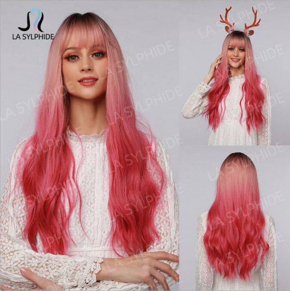 synthetic wigs long curly wave hair ombre pink brand air bangs, Black
synthetic wigs long curly wave hair ombre pink brand air bangs, Black