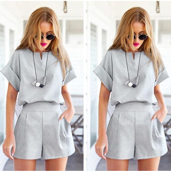 summer female tee sets women casual suit solid short sleeve t-shirt short 2 piece set fitness wear plus size 5xl, Gray