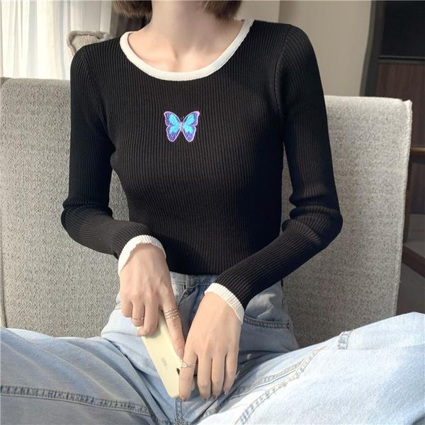 women's blouses & shirts autumn thin knitted blouse women elegant butterfly embroidery stretch shirt female korean casual slim knit, White
women's blouses & shirts autumn thin knitted blouse women elegant butterfly embroidery stretch shirt female korean casual slim knit, White