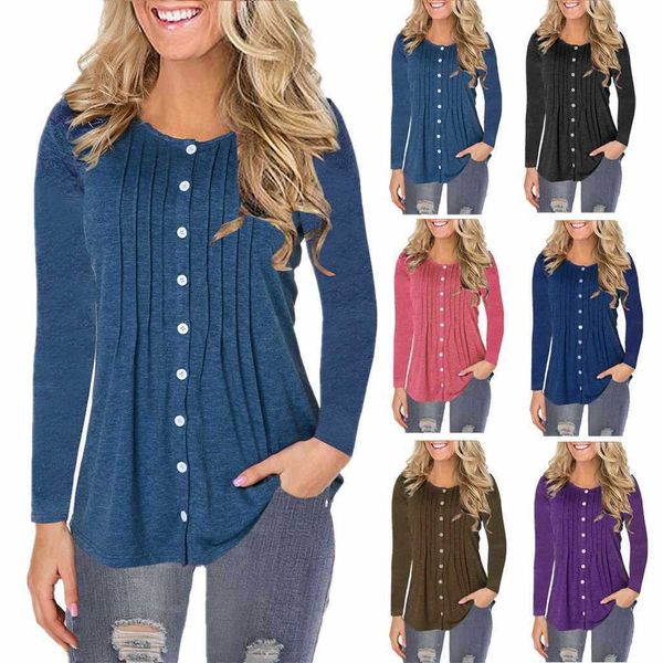 and q6104 autumn winter women's round neck button long sleeve t-shirt, White 
and q6104 autumn winter women's round neck button long sleeve t-shirt, White