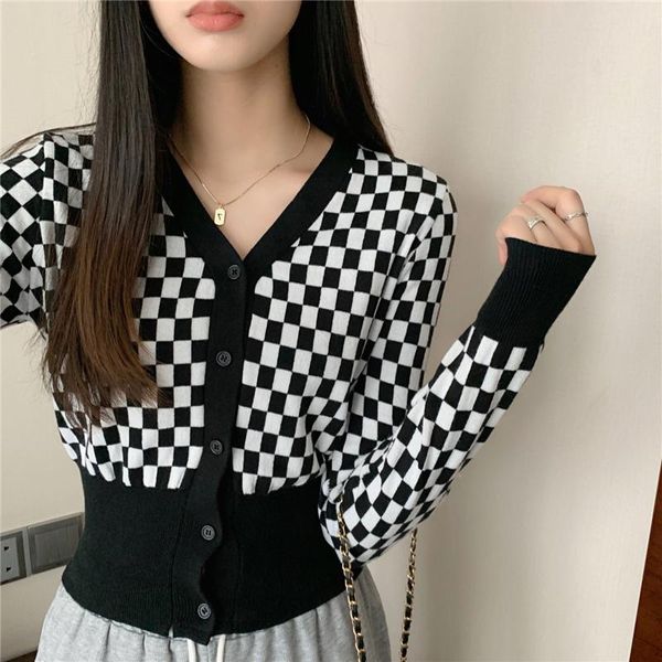 women's knits & tees checkerboard long sleeve short v-neck knitted cardigan autumn sweater coat fashion femme manche longue truien, White
women's knits & tees checkerboard long sleeve short v-neck knitted cardigan autumn sweater coat fashion femme manche longue truien, White