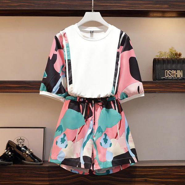 women's tracksuits 2021 summer tracksuit for women printed patchwork o-neck t-shirt + elastic waist drawstring shorts ladies suits fema, Gray
women's tracksuits 2021 summer tracksuit for women printed patchwork o-neck t-shirt + elastic waist drawstring shorts ladies suits fema, Gray
