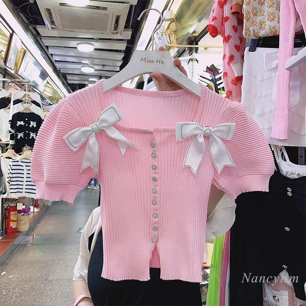 women's t-shirt diamond bow knitted t shirt women 2021 spring and summer elegant buckle puff sleeve sweet slim fit skinny stretch crop, White
women's t-shirt diamond bow knitted t shirt women 2021 spring and summer elegant buckle puff sleeve sweet slim fit skinny stretch crop, White