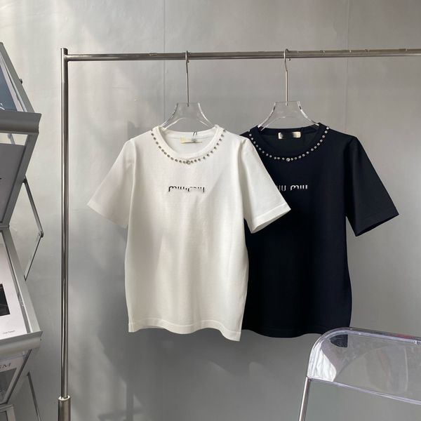 women designer t shirtmiu family short sleeve t-shirt female 2021 new loose fashion embroidery inlaid with diamond round neck, White 
women designer t shirtmiu family short sleeve t-shirt female 2021 new loose fashion embroidery inlaid with diamond round neck, White