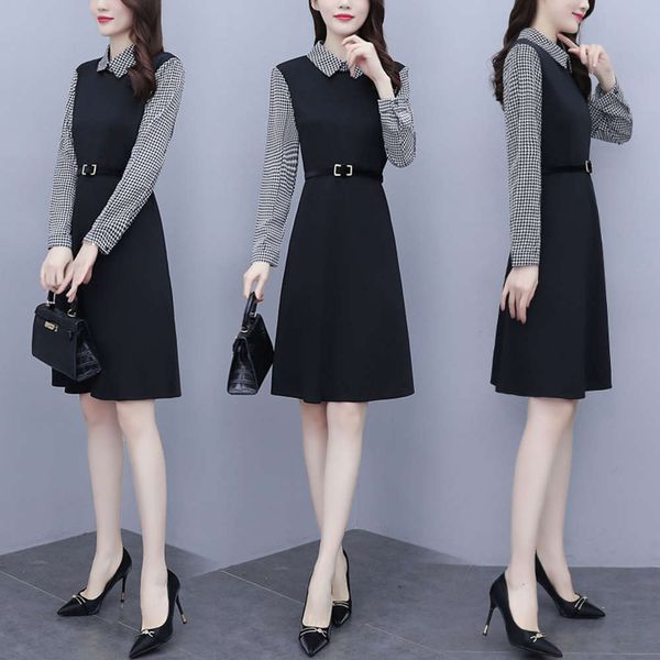 light luxury younger large fat size new women's girl 2021 spring sister foreign style age reducing and thin checkered dress, Black;gray
light luxury younger large fat size new women's girl 2021 spring sister foreign style age reducing and thin checkered dress, Black;gray