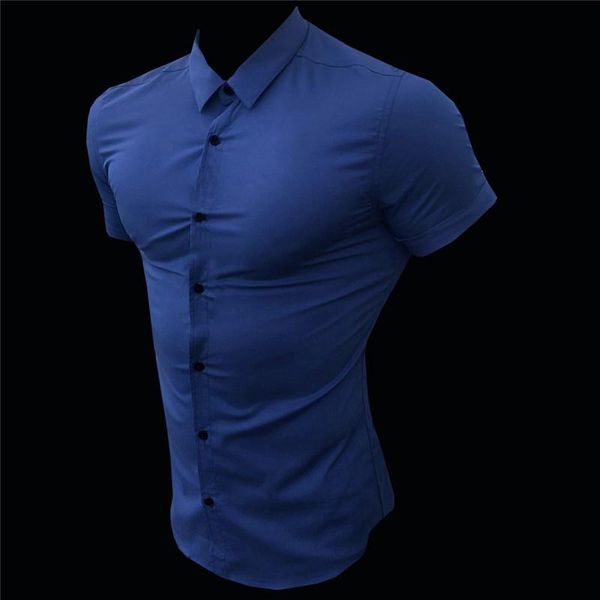men's dress shirts men fashion casual short sleeve solid shirt super slim fit male social business brand fitness sports clothing, White;black