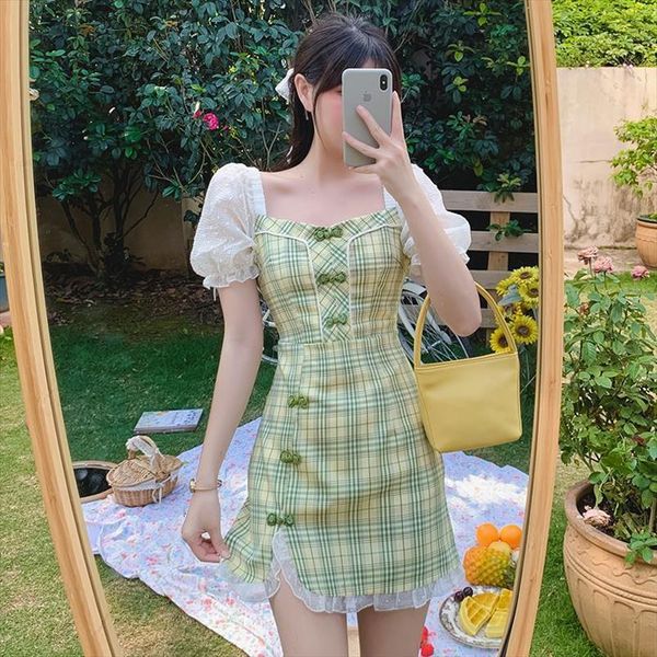 Coigarsam Cheongsam Plaid One Piece Women Tank Dress Korean Summer Patchwork Chiffon Puff Sleeve Dresses 932, White
Coigarsam Cheongsam Plaid One Piece Women Tank Dress Korean Summer Patchwork Chiffon Puff Sleeve Dresses 932, White
