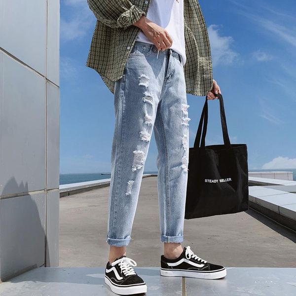 men's pants autumn and summer style ripped jeans men's trend korean version of slim young students' feet 9 points, Black
men's pants autumn and summer style ripped jeans men's trend korean version of slim young students' feet 9 points, Black
